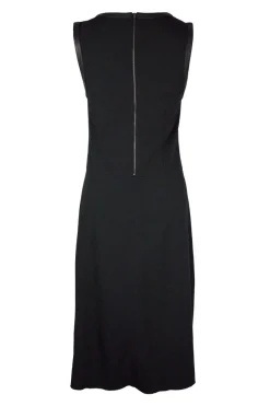 Sleeveless dress with asymetrical skirt and leather trim