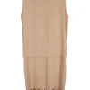 Sleeveless round neck shift midi dress with dropped waist and cut out pattern around hem