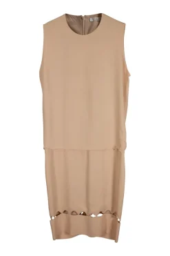 Sleeveless round neck shift midi dress with dropped waist and cut out pattern around hem