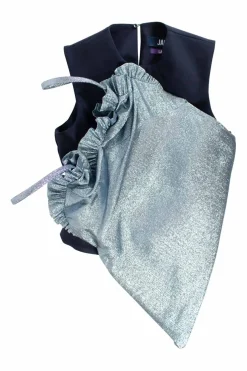 Sleeveless top in blue wool with metallic blue top "stuck" on