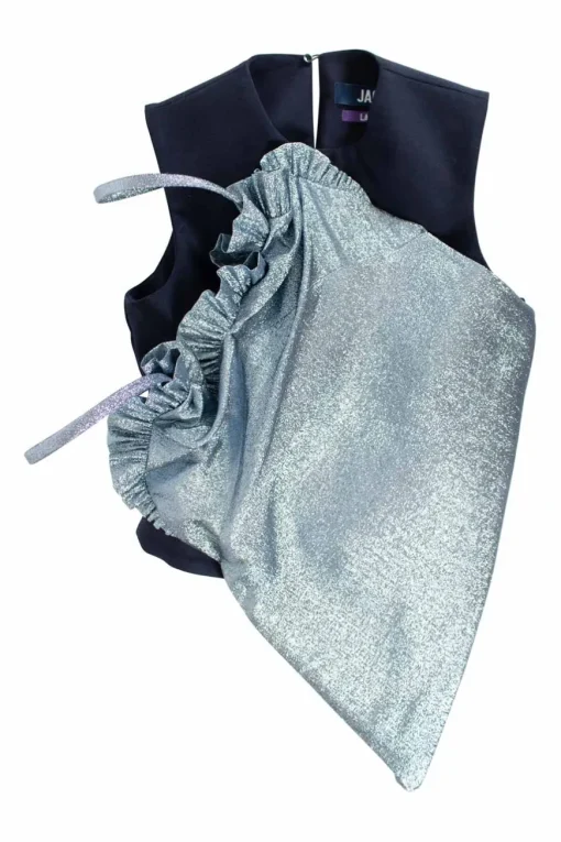 Sleeveless top in blue wool with metallic blue top "stuck" on