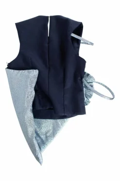 Sleeveless top in blue wool with metallic blue top "stuck" on