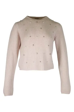 Soft pink knitted cashmere sweater with rhinestone embellishments
