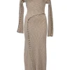 Space-dyed beige polyester button-loop paneled flat rib Rosalia long sleeve convertible maxi dress