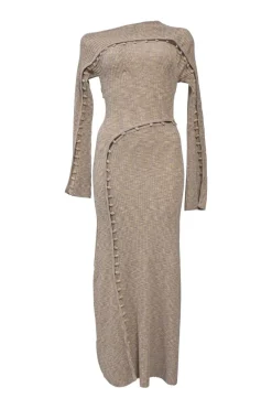 Space-dyed beige polyester button-loop paneled flat rib Rosalia long sleeve convertible maxi dress