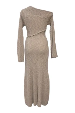 Space-dyed beige polyester button-loop paneled flat rib Rosalia long sleeve convertible maxi dress