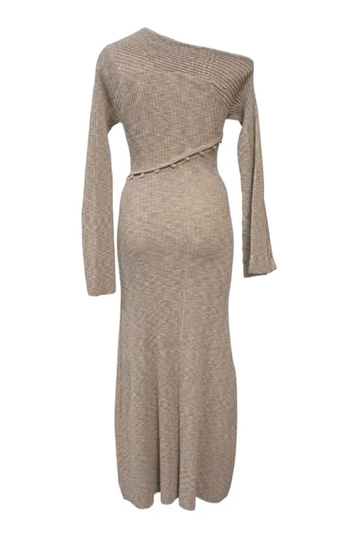 Space-dyed beige polyester button-loop paneled flat rib Rosalia long sleeve convertible maxi dress