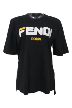Special Edition Fendi x FILA black crewneck half-sleeve pullover slogan T-Shirt featuring Fendi Mania logo motif