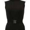 Sport brown wool rib knit turtleneck sleeveless top with logo snap buckle belt