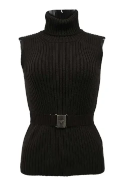 Sport brown wool rib knit turtleneck sleeveless top with logo snap buckle belt