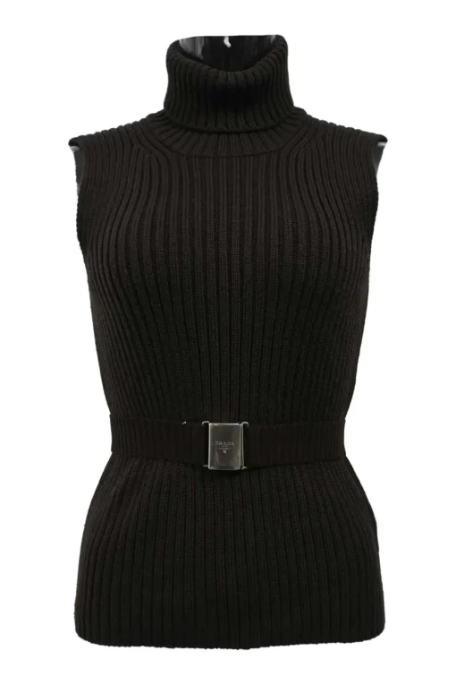 Sport brown wool rib knit turtleneck sleeveless top with logo snap buckle belt