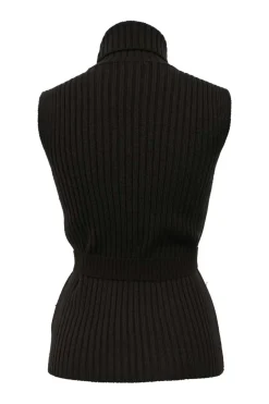 Sport brown wool rib knit turtleneck sleeveless top with logo snap buckle belt