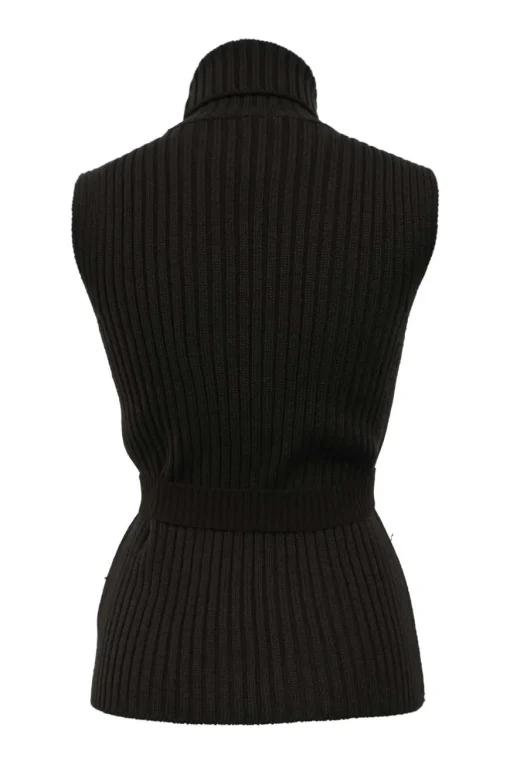 Sport brown wool rib knit turtleneck sleeveless top with logo snap buckle belt