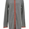 Sports Line grey cashmere jersey hooded long cardigan with contrasting orange trim and back stripe appliqué
