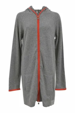 Sports Line grey cashmere jersey hooded long cardigan with contrasting orange trim and back stripe appliqué