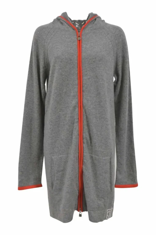 Sports Line grey cashmere jersey hooded long cardigan with contrasting orange trim and back stripe appliqué