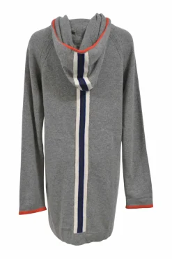 Sports Line grey cashmere jersey hooded long cardigan with contrasting orange trim and back stripe appliqué