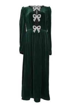 Strass bow-embellished rayon-blend velvet Camille keyhole-front long sleeve tea dress
