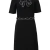 Strass-embellished black viscose-blend half-sleeve A-line dress with neckline bow appliqué