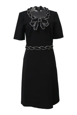 Strass-embellished black viscose-blend half-sleeve A-line dress with neckline bow appliqué