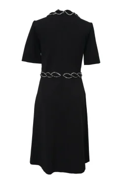 Strass-embellished black viscose-blend half-sleeve A-line dress with neckline bow appliqué