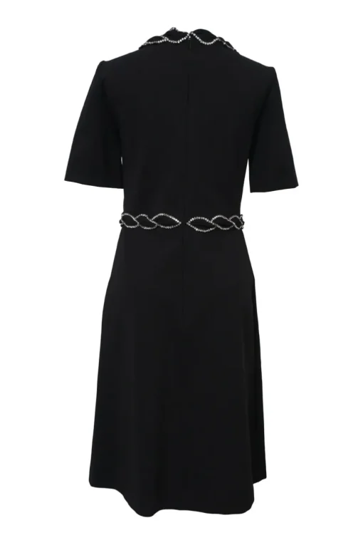 Strass-embellished black viscose-blend half-sleeve A-line dress with neckline bow appliqué