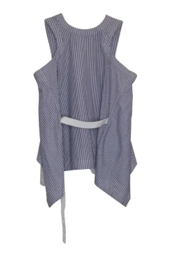 Striped navy cotton poplin bi-layer racerback tank top with pleated back