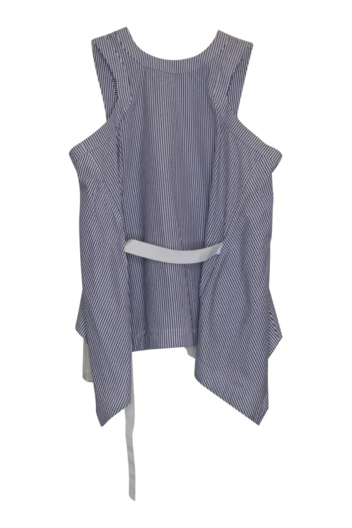 Striped navy cotton poplin bi-layer racerback tank top with pleated back