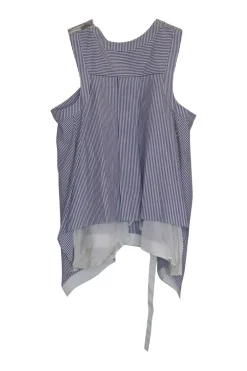 Striped navy cotton poplin bi-layer racerback tank top with pleated back