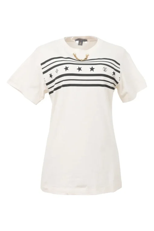 Summer Stardust two-tone screen-printed crewneck pullover T-shirt featuring striped and stars motif