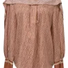 Sunset brown monogram print bateau neck foulard blouse with keyhole back