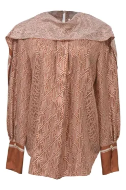 Sunset brown monogram print bateau neck foulard blouse with keyhole back