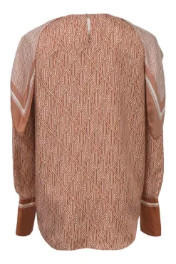 Sunset brown monogram print bateau neck foulard blouse with keyhole back