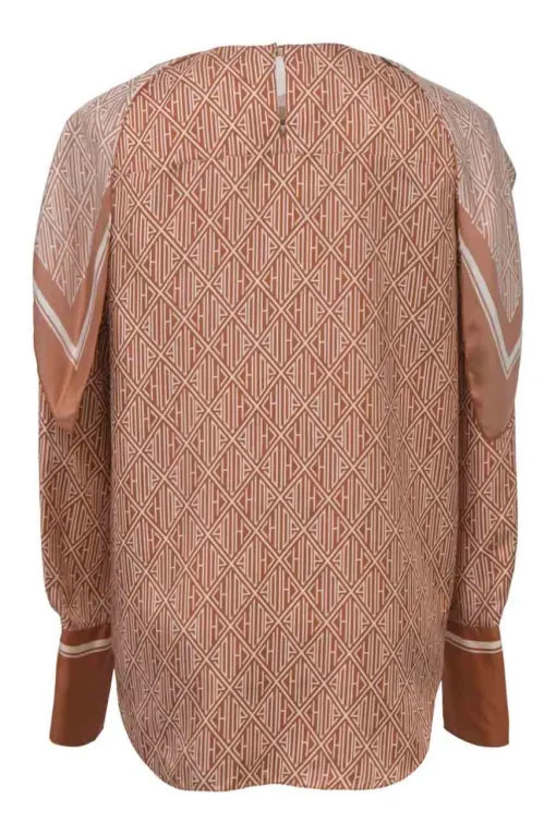 Sunset brown monogram print bateau neck foulard blouse with keyhole back