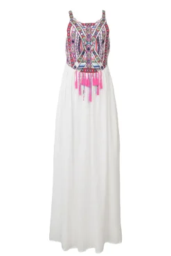 Swim white embroidered criss-cross back maxi dress with tassel fringe appliqué