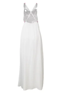 Swim white embroidered criss-cross back maxi dress with tassel fringe appliqué