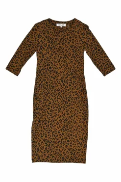 Tan and Black Leopard Print Silk Round Neck Maxi Dress