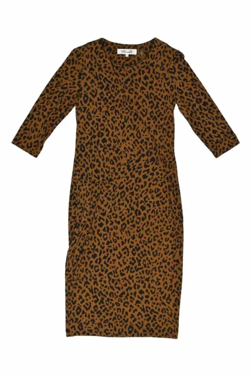 Tan and Black Leopard Print Silk Round Neck Maxi Dress
