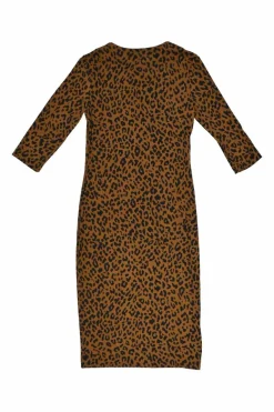 Tan and Black Leopard Print Silk Round Neck Maxi Dress