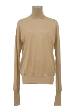 Tan merino wool fully-fashioned knit turtleneck sweater