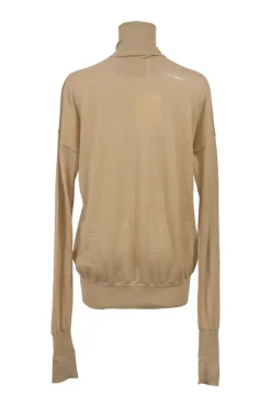 Tan merino wool fully-fashioned knit turtleneck sweater
