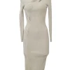 Taupe acrylic-blend Camille fully-fashioned cable rib slash off-shoulder knit midi dress with side slit