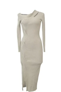 Taupe acrylic-blend Camille fully-fashioned cable rib slash off-shoulder knit midi dress with side slit