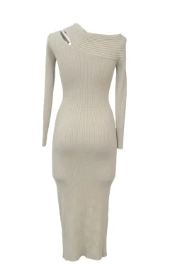 Taupe acrylic-blend Camille fully-fashioned cable rib slash off-shoulder knit midi dress with side slit