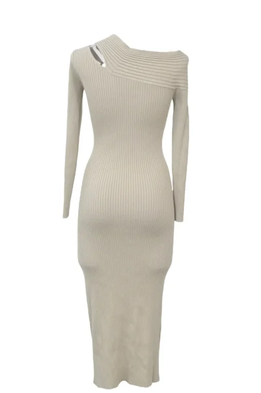 Taupe acrylic-blend Camille fully-fashioned cable rib slash off-shoulder knit midi dress with side slit