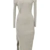 Taupe acrylic-wool blend Camille fully-fashioned slash rib knit off-shoulder midi dress