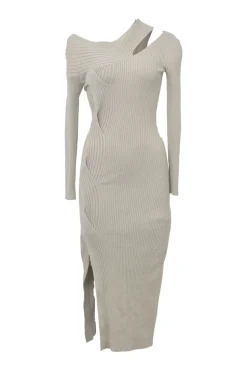 Taupe acrylic-wool blend Camille fully-fashioned slash rib knit off-shoulder midi dress