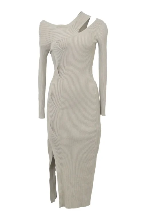 Taupe acrylic-wool blend Camille fully-fashioned slash rib knit off-shoulder midi dress