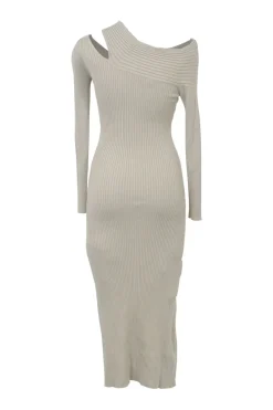 Taupe acrylic-wool blend Camille fully-fashioned slash rib knit off-shoulder midi dress