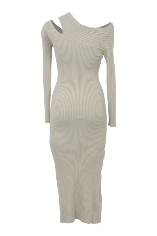 Taupe acrylic-wool blend Camille fully-fashioned slash rib knit off-shoulder midi dress